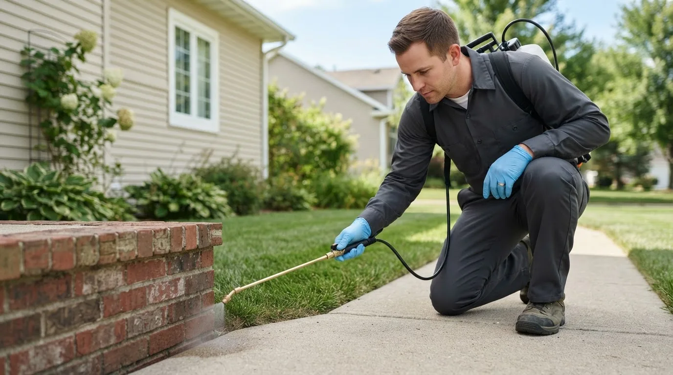 Pest control technician treating a home near Greeley, CO